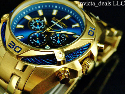 NEW Invicta Men`s 52mm BOLT SCUBA Chronograph BLUE DIAL 18K Gold Plated SS Watch