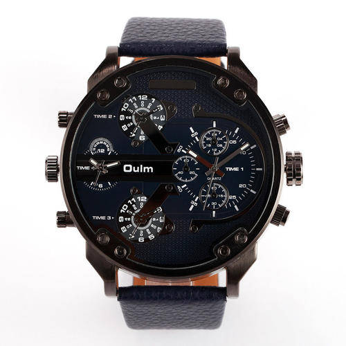 Mens Leather BIG DADDY Band Stainless Steel Quartz Analog Two-tone Wrist Watch