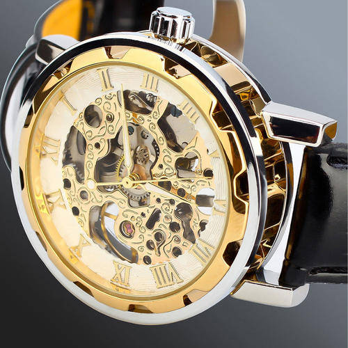 Mens Transparent Skeleton Mechanical Stainless Steel Leather Wrist Watch