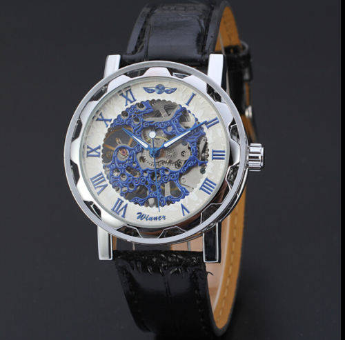 Mens Transparent Skeleton Mechanical Stainless Steel Leather Wrist Watch