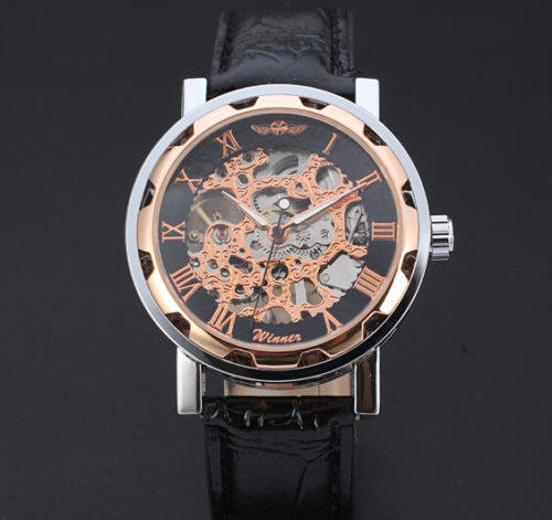 Mens Transparent Skeleton Mechanical Stainless Steel Leather Wrist Watch