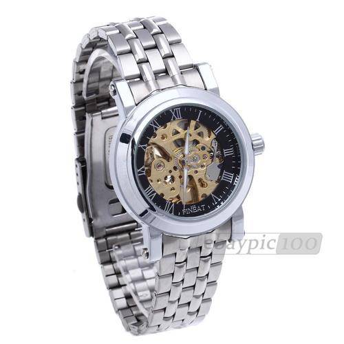 Men's Skeleton Mechanical Wrist Watch hollow steel Band - Black