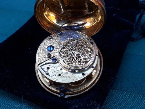 Stunning pair case 1700`s Verge Fusee pocket watch gold plated