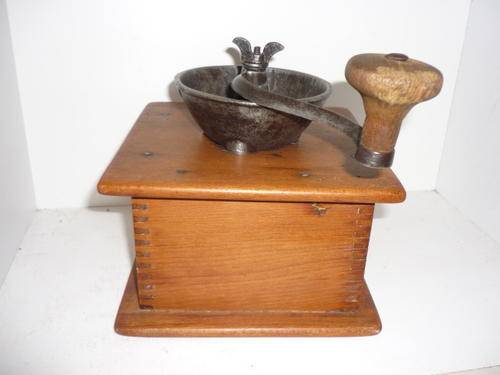 VINTAGE COFFEE GRINDER-IRON AND WOOD-TONGUE AND GROOVE JOINTS