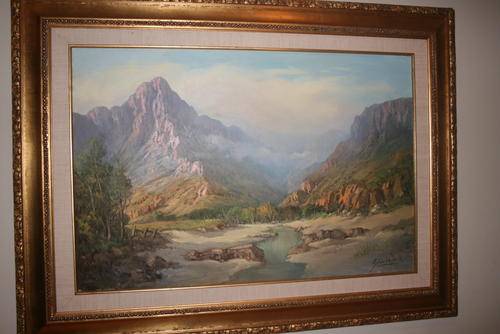 GABRIEL DE JONGH - FRAMED OIL PAINTING, "Mountainous Landscape with Stream" 60 x 90.5cm