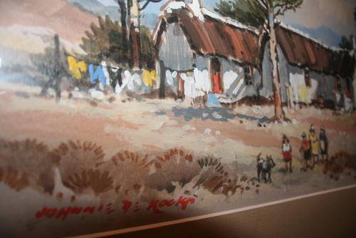 JOHNNIE DE KOCK - Acrylic "Farm buildings among trees". Framed