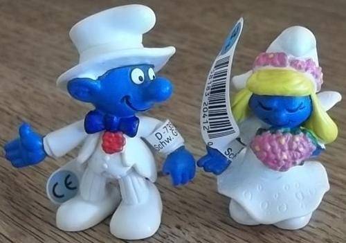 Original BRIDE + GROOM WEDDING SMURFS ! RARE ! HIGH VALUE ! Smurfs! FANTASTIC NEW Condition ! !!