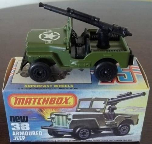 ARMOURED JEEP #38  !! 1977 !! LESNEY MATCHBOX SUPERFAST !! RARE !! + Original Box ! EXCELLENT !
