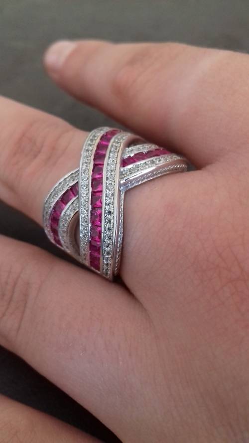 **Luxury Design!**Stunning! SOLID .925 STERLING SILVER Pink Ruby&Cz Diamond Crossover Ring