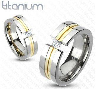 **FREE SHIPPING**Solid titanium men's ring gold grooved tension CZ engagement wedding band