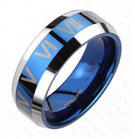 **FREE SHIPPING!**2 TONE BLUE ROMAN NUMERALS Tungsten Carbide Wedding Ring
