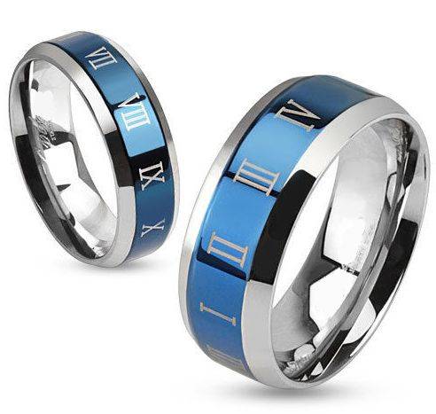 **FREE SHIPPING!**BLUE IP 316 SOLID STAINLESS RING ROMAN NUMERALS ACCENTED SATIN SMOOTH FINISH