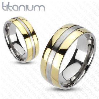 **NO RESERVE! DON'T MISS OUT!**SATIN SMOOTH TITANIUM GOLDEN EDGES BRUSH STRIPE 2TONE WEDDING BAND
