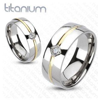 **FREE SHIPPING!**SOLID TITANIUM GOLDEN STRIPE MIRROR FINISH DOME CZ WEDDING BAND