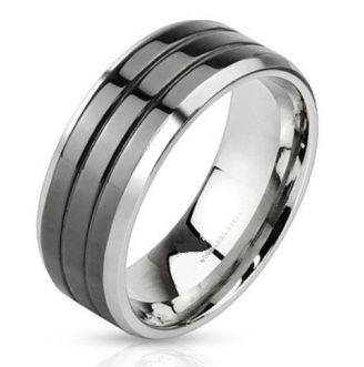 **FREE SHIPPING!!!**NEW!! MENS DESIGNER BLACK IP TWIN GROOVE STAINLESS RING