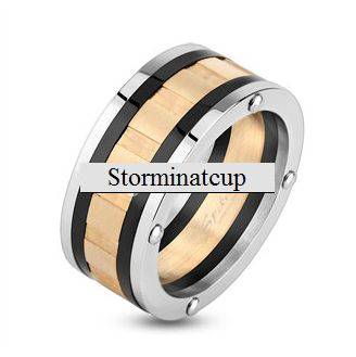 **BRAND NEW!!**3 TONE ROSE SILVER BLACK BOLTED CENTRE GROOVE RING