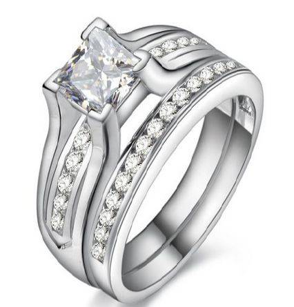 **NEW DESIGN!!**STUNNING! SOLID STERLING SILVER DESIGNER PRINCESS PAVE WEDDING RING SET