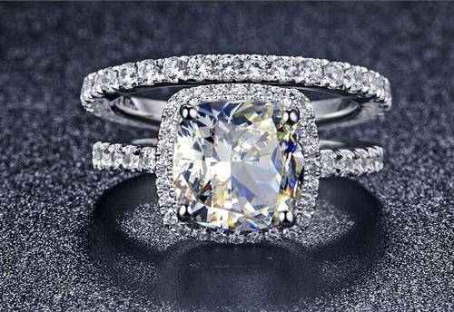 **SOLID STERLING SILVER** Stunning 4ct Cushion Cut Halo Wedding Ring Set