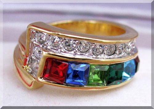 ELEGANT MULTI GEMSTONE-DIAMOND RING!!! - CZ DIAMONDS&GEMSTONES SET IN 18K YELLOW  GOLD GP size 4