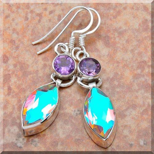 **50% REDUCED SHIPPING!**STUNNING RARE RAINBOW MYSTIC TOPAZ MARQUISE EARRINGS!SOLID STERLING SILVER