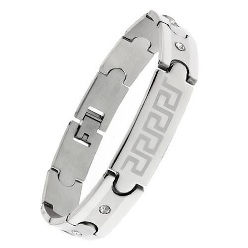 **FREE INTERNATIONAL SHIPPING**Men's Stainless Steel 8" Greek Key Bracelet With CZ