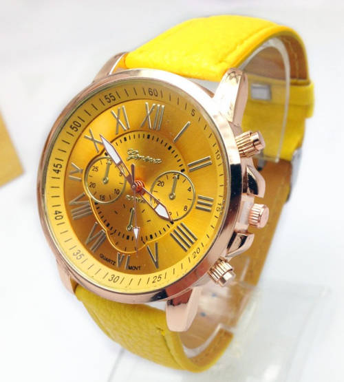 Fashion Women Geneva Quartz Watch with PU Leather Strap - YELLOW