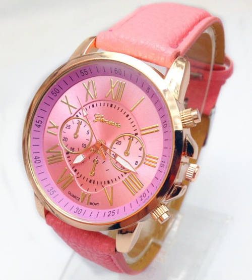 Fashion Women Geneva Quartz Watch with PU Leather Strap - PINK