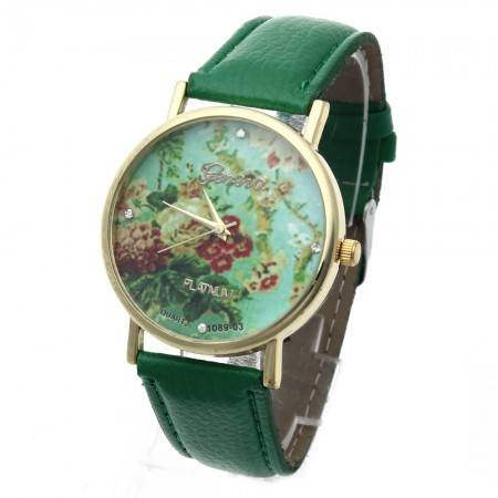 Womens Quartz Wrist Watch with Green Leather Band