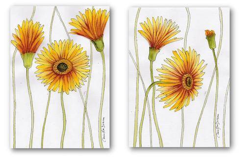 2 x Yellow Gerbera ARTWORKS!!! -  Original Acrylic on Canvas Paper (180gsm) - GALLERY PRICE: R800.00