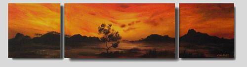 OVER 1 METRE LONG!!! --- Cherie Dirksen Original TRIPTYCH Acrylic Painting -- 'RED AFRICAN SKIES'