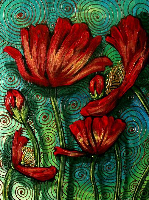 original painting by cherie dirksen RED POPPIES POPPY FLOWER FLORAL on green
