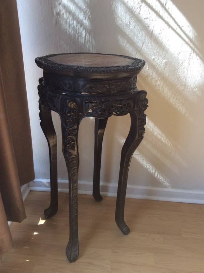 Chinese carved tall stand with marble inlay
