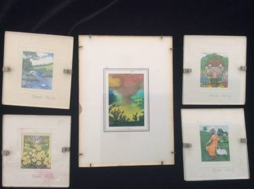 Set of 4 Miniature Sharon Jervis Watercolour Painting print plus Erna crown?