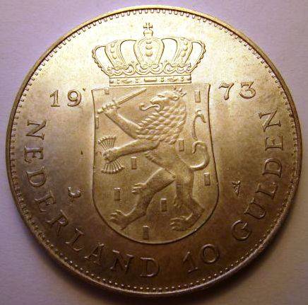$$$ 1973 Nederland 10 Gulden - 25 GRAMS of .720 PURE SILVER Bullion ! $$$