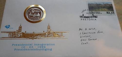 FDC PROOF 1994 MANDELA INAUGURATION COIN. Cover been written on.