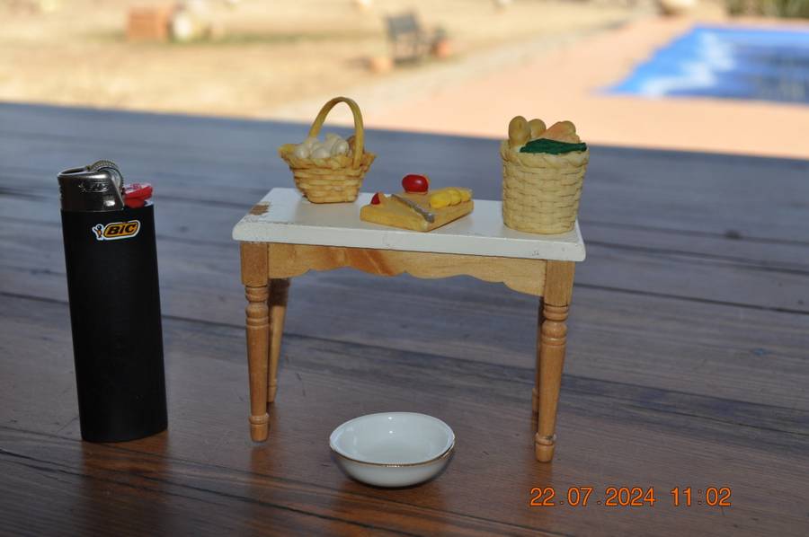 Dolls house kitchen table with extras