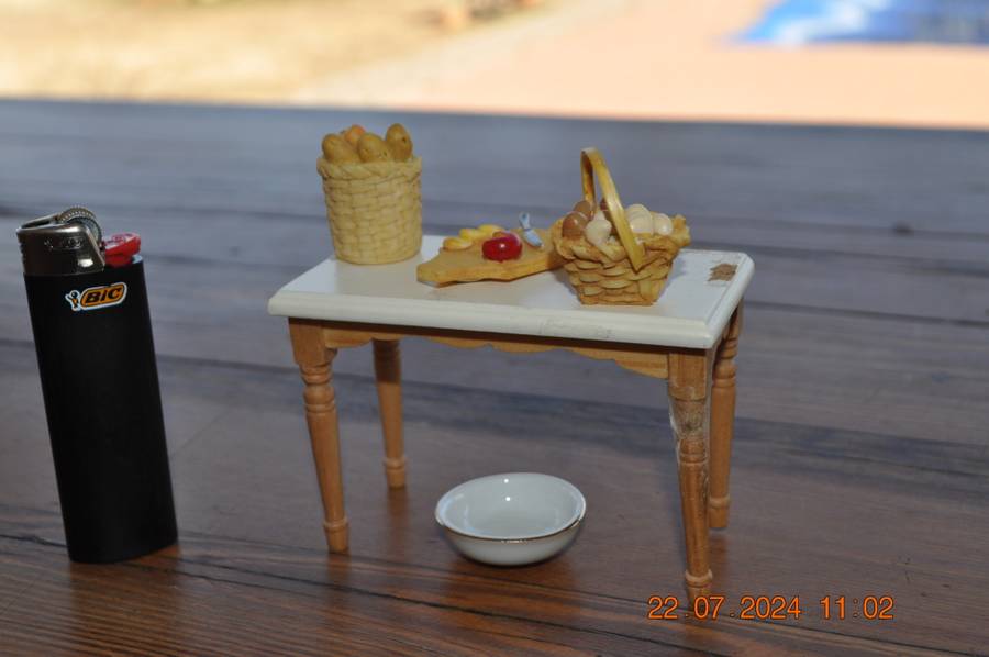 Dolls house kitchen table with extras