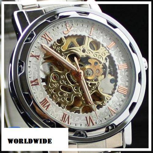 ***Gold Roman White Skeleton Mens Automatic Mechanical Skull Watches Stainless Steel***