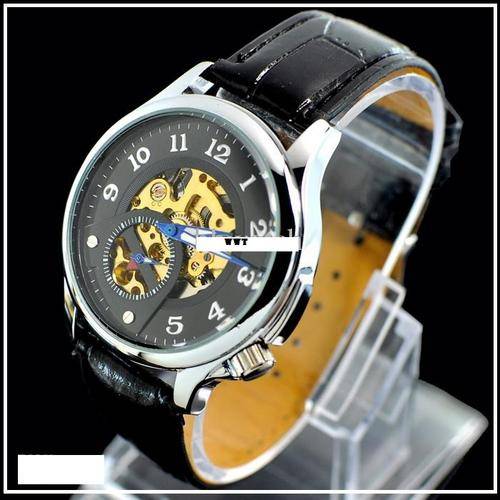 ***NEW***Luxury mens skeleton mechanical watch with white/blue hand finish