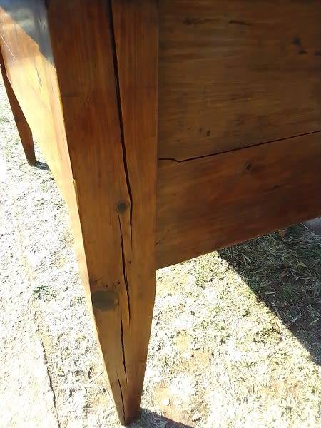 Lovely 1800`s, rustic Oregon desk / table with four drawers, cup handles and thick tapered legs.