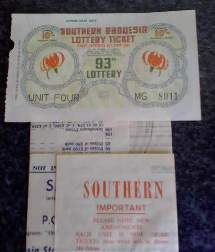 Southern Rhodesia lotto ticket with an unused vendor form. S Smith Salisbury. Rare find.
