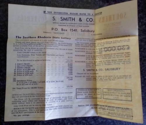 Southern Rhodesia lotto ticket with an unused vendor form. S Smith Salisbury. Rare find.