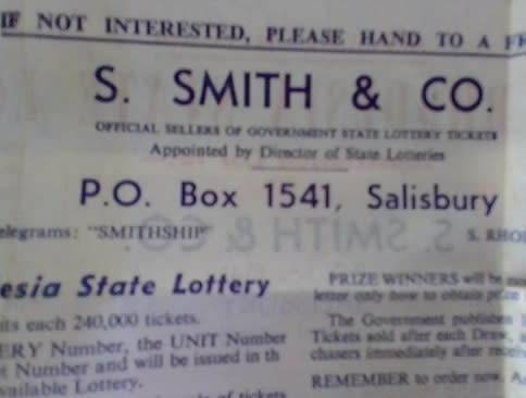 Southern Rhodesia lotto ticket with an unused vendor form. S Smith Salisbury. Rare find.