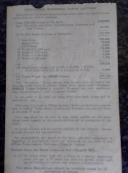 Southern Rhodesia lotto ticket with an unused vendor form. S Smith Salisbury. Rare find.