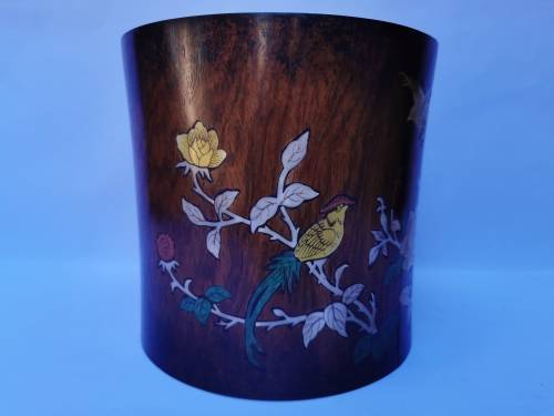 Chinese antique Yellow pear wood calligraphy brush holder with inlaid shell flower patterns