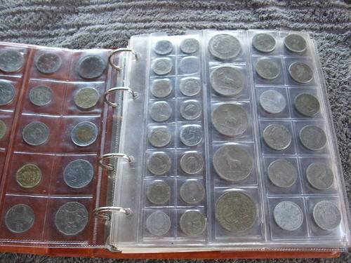 COLLECTION IN ALBUM OF MIXED WORLD AND SA COINS 350 PLUS