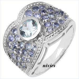 **FREE SHIPPING** 1.93 CTW AQUAMARINE & TANZANITE 925 STERLING SILVER RING - SIZE 7(O)