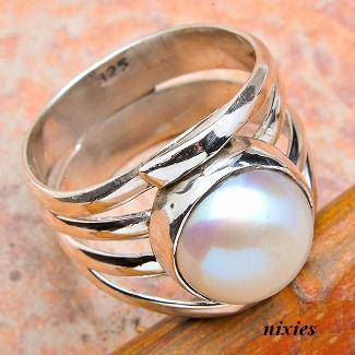 ATTRACTIVE SOLID 925 STERLING SILVER PEARL RING - SIZE 8(Q)