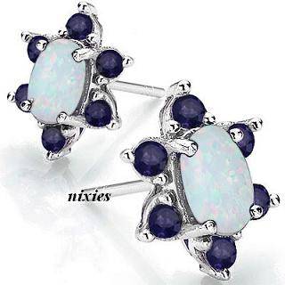 CLASSIC 1.20CT GENUINE SAPPHIRE & SIM OPAL 925 STERLING SILVER EARRINGS