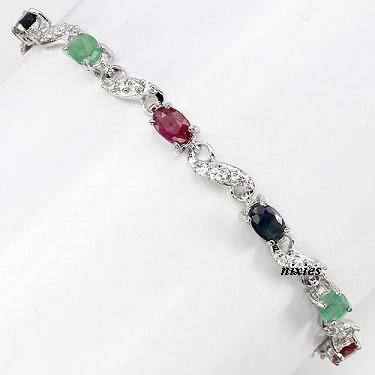 **NEW** LOVELY GENUINE EMERALD, RUBY & SAPPHIRE 925 STERLING SILVER BRACELET